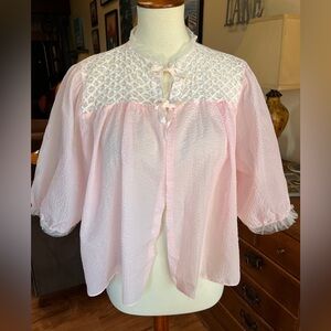 50s Vintage Cream and Pink Bed Jacket With Ribbon Detail